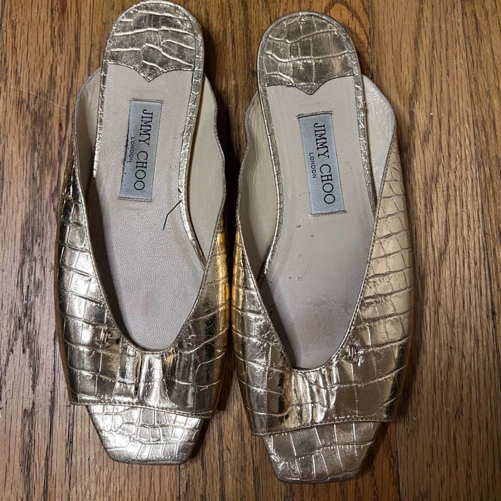Jimmy Choo Gold Croc Slip on Sandals
